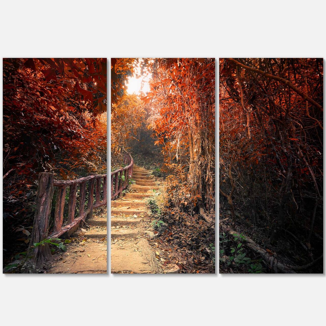 Designart - Stairway Through Red Fall Forest - Landscape Photography Canvas Print